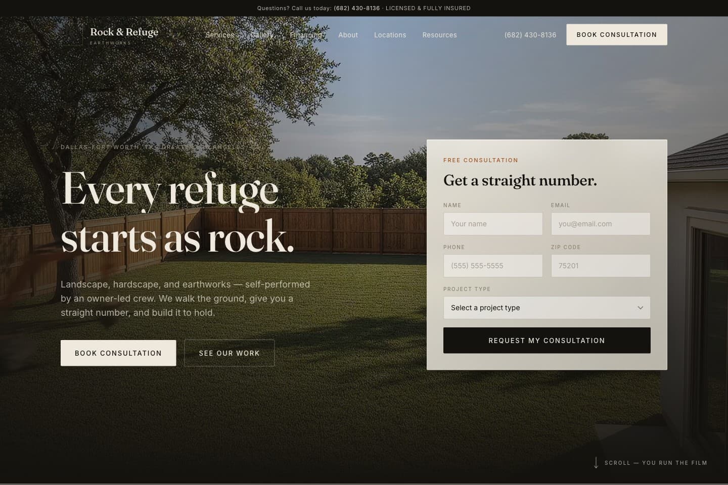 Screenshot of the Rock & Refuge Earthworks website.